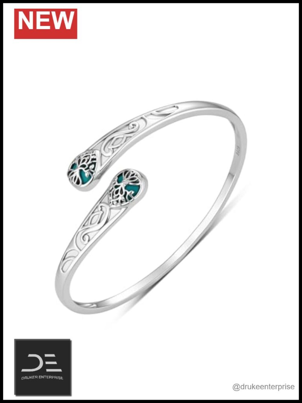 Real Turquoise Tree of Life 925 Sterling Silver Cuff Bracelet